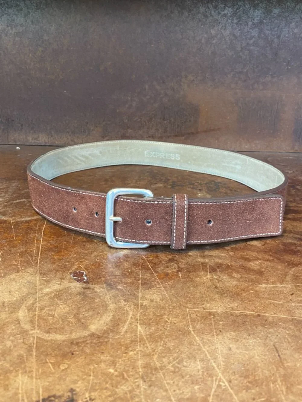 Express Belt Brown Suede Leather Square Brass Buckle Square End Size 32 33 MED